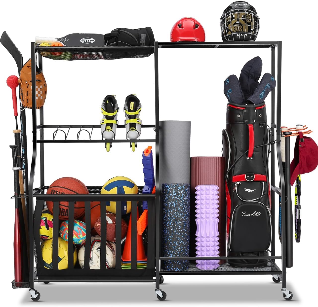 Sports Equipment Bag With Wheels - منظم معدات رياضية للجراج بعجلات، رف